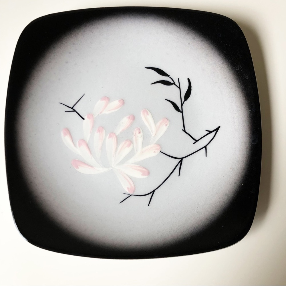 Orchard Ware Ceramic Dish Hand Painted Made California USA Floral Black Pink